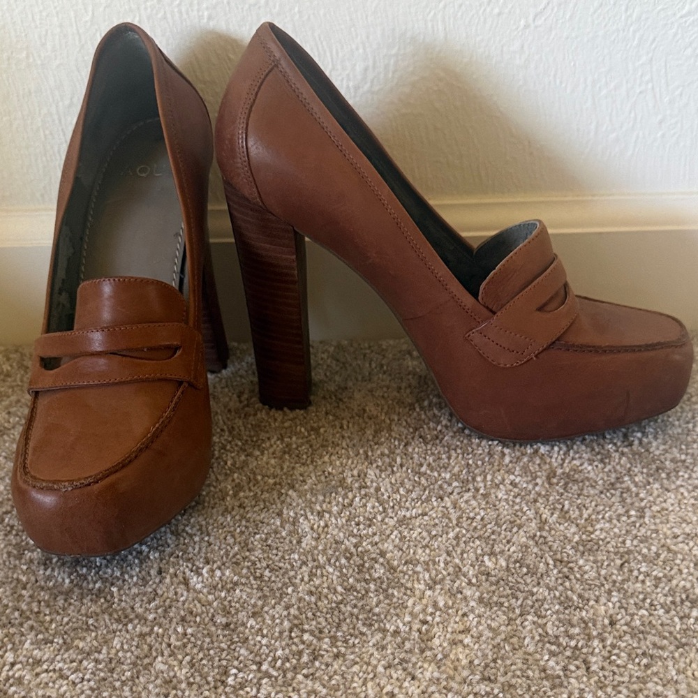 Aqua Brown Leather Platform Loafer Chunky Heels 9 Used
